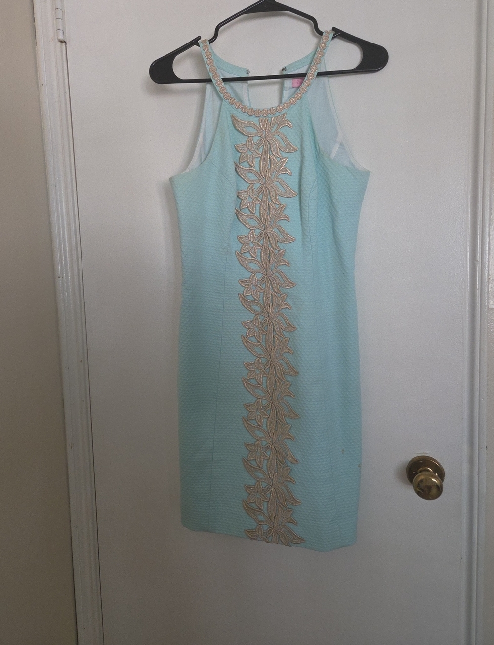Lilly Pulitzer Aqua Shift Dress with Gold Floral Appliqué